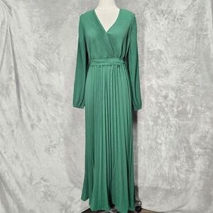 Maxi Dress Women M Emerald Green Pleated Long Sleeve V-Neck Belt Wedding Party